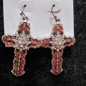 RUST & SILVERTONE CROSS EARRINGS WITH BLING